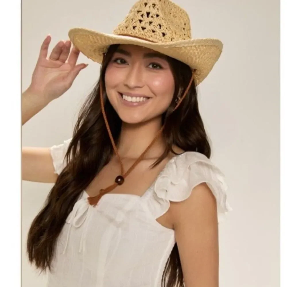 Francesca's Women's NWT Michelle Tan String Tie Woven Straw Cowboy Hat.